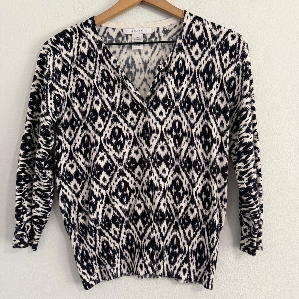 Grace - Navy and White Ikat‎ Cardigan Blouse